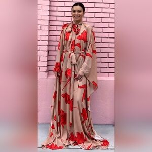 Halston Heritage Tan and Red Floral Dress